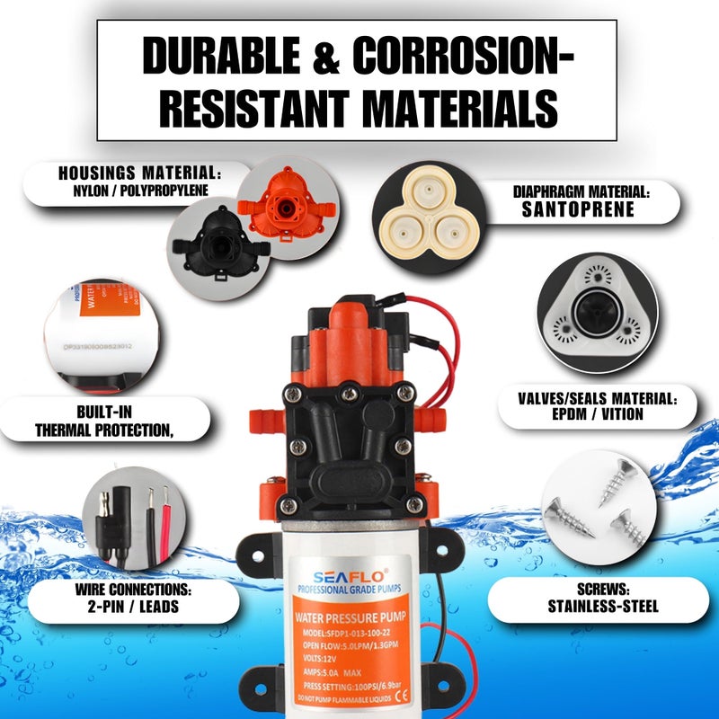 SEAFLO 22-Series Water Pump - 12V, 1.3 GPM, 100 PSI - On-Demand Water Pressure Diaphragm Pump for Marine, RV, Agriculture, and Off-Grid Applications - Image 5